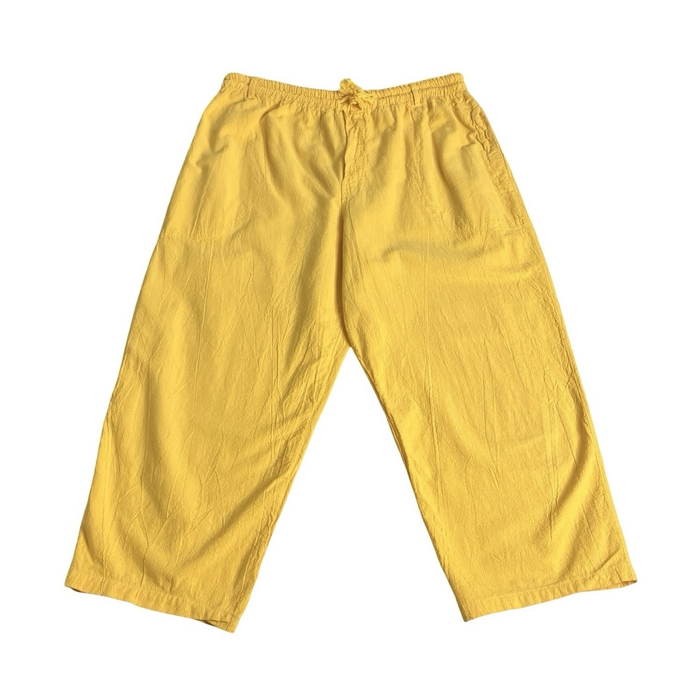 Vintage Gitano Crop Pants Womens L Yellow High Rise Cotton Beach Crinkle Coastal